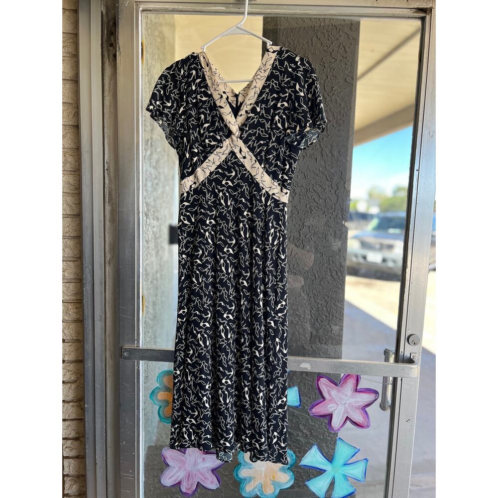 90s Liz Claiborne Rayon Day Dress: Navy Shoe Print, Size 6